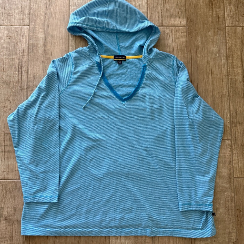 Lands End Womens Plus 24W-26W Striped V-Neck Hoodie Turquoise Blue Long Sleeve